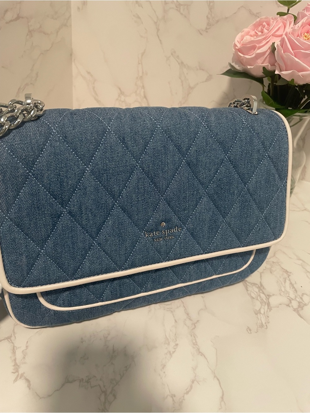 Kate Spade Carey Quilted Denim Medium Flap Shoulder/Crossbody Bag – Blue Multi - Picture 3 of 10